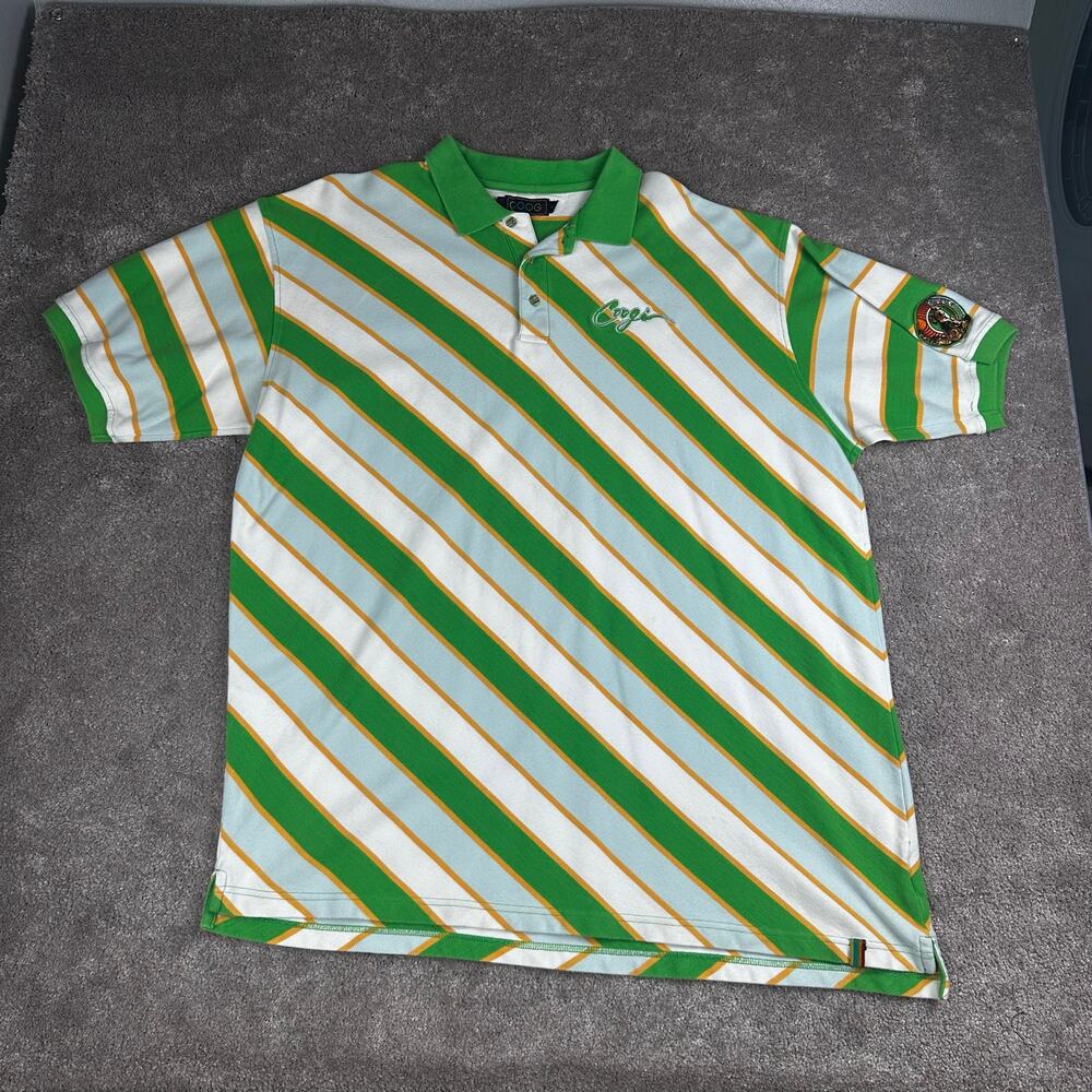 COOGI Green White Gold Stripe Polo Shirt Size 4XL Koala Patch 90s Y2K Hip Hop